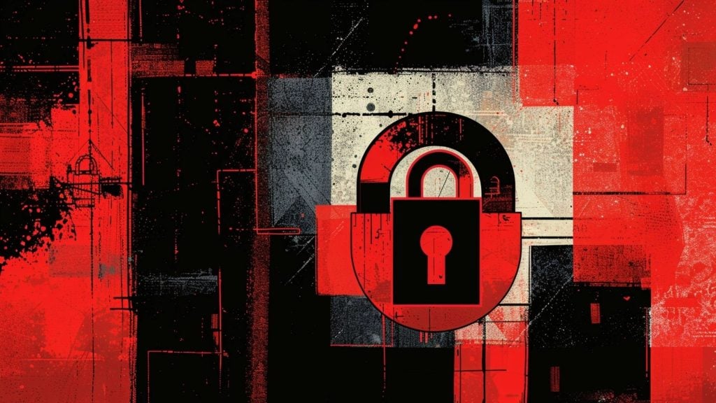 Abstract digital artwork featuring a centered padlock design in red, black, and white geometric patterns.