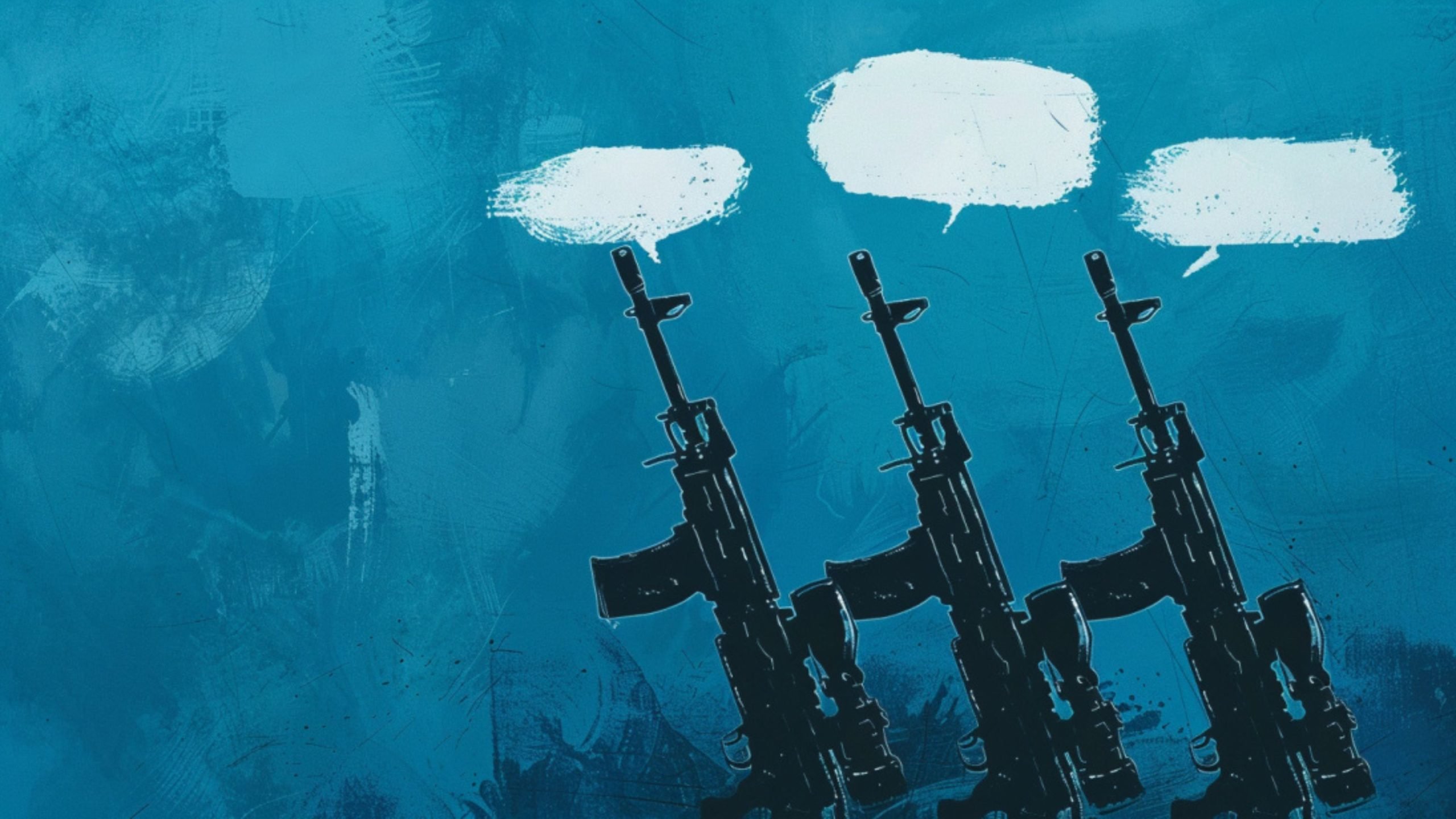 Three rifles with speech bubbles above them on a blue abstract background.