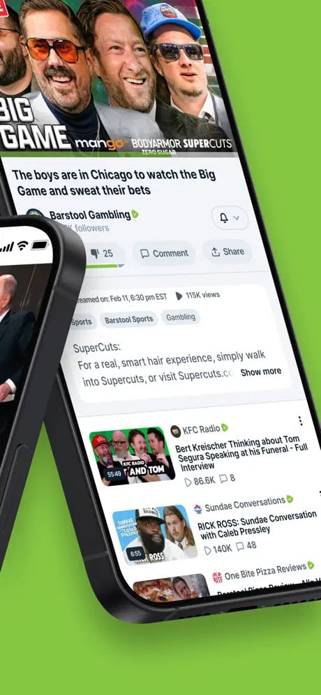 Smartphone screen displaying a Barstool Sports page with posts about gambling and popular videos.