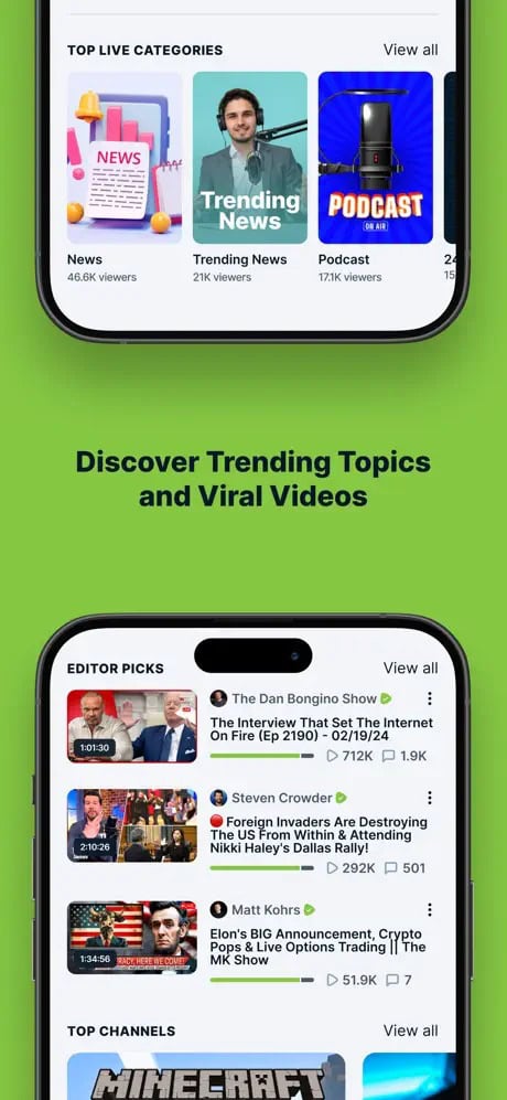 Mobile screen showing a video app with sections for "Top Live Categories," "Editor Picks," and "Top Channels." Categories include News, Trending News, and Podcasts. Editor Picks feature video thumbnails with play times and viewer counts.