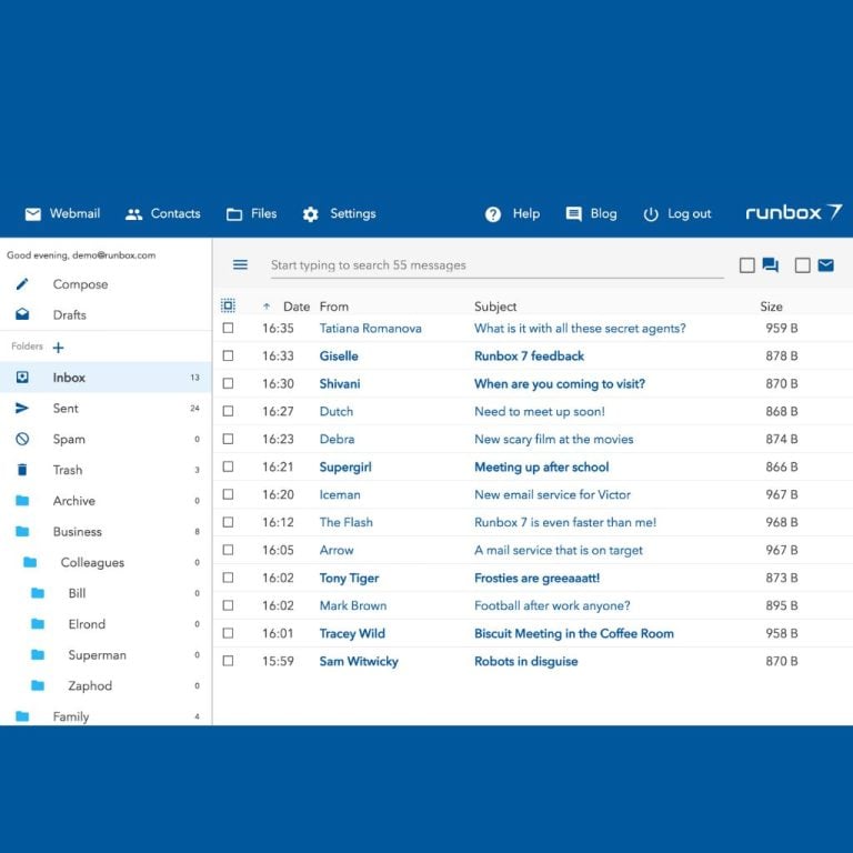 Email inbox interface showing a list of messages with sender names, subjects, dates, and sizes.