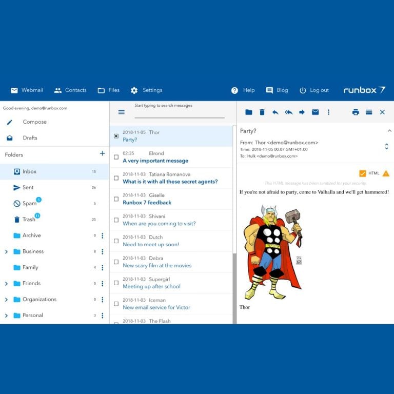 Runbox email interface showing inbox with a highlighted email invitation from "Thor" containing an image of a superhero holding a hammer.