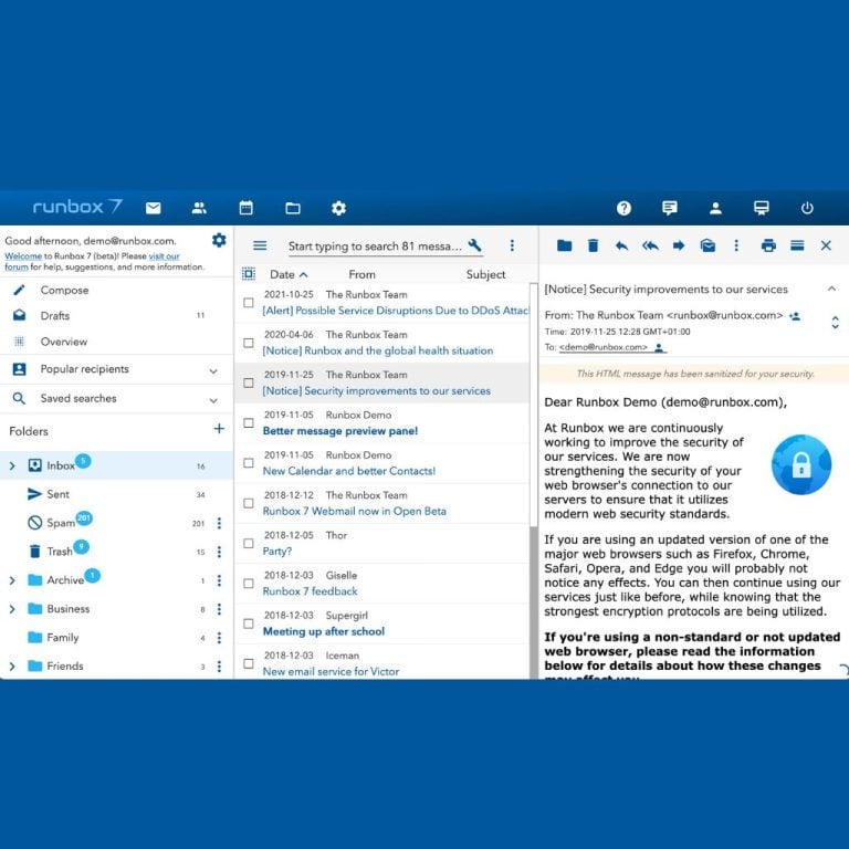 Email client interface showing the inbox with messages listed on the left and an opened email titled "Security improvements to our services" on the right.