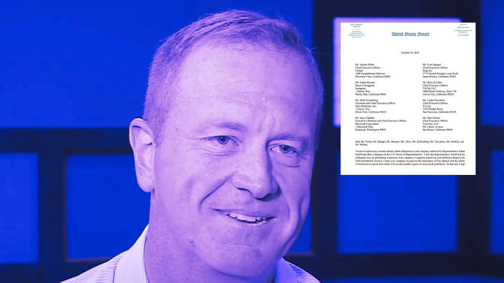 Eric Schmitt smiling with a blue-tinted overlay, with a document labeled "United States Senate" in the background.