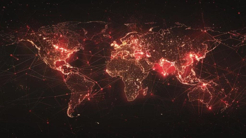 Abstract digital world map with glowing red connections and nodes.