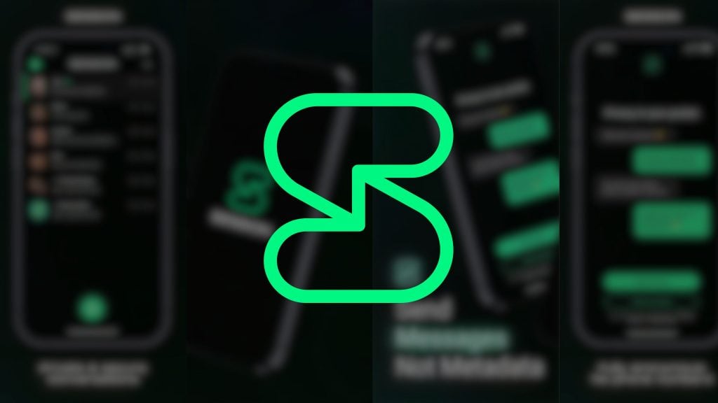 Green outlined logo resembling an "S" with blurred smartphone screens in the background.