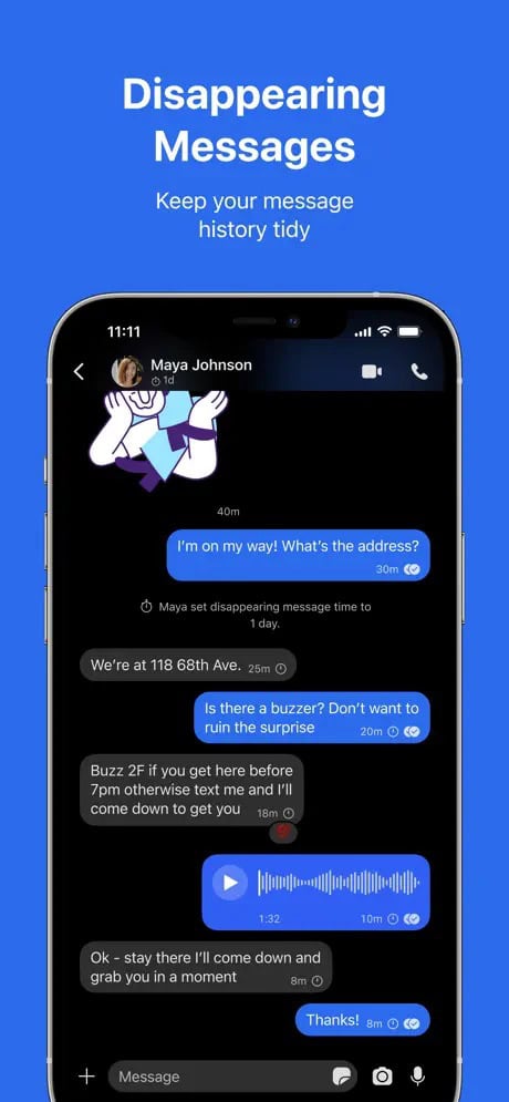 "Disappearing Messages" screen showing a chat with options for setting message lifespan and various interactions, including text and voice messages.