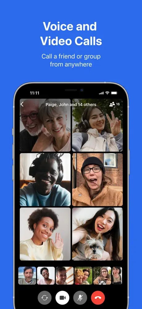 "Voice and Video Calls" text on a blue background with an image of a smartphone screen showing a group video call with multiple people.