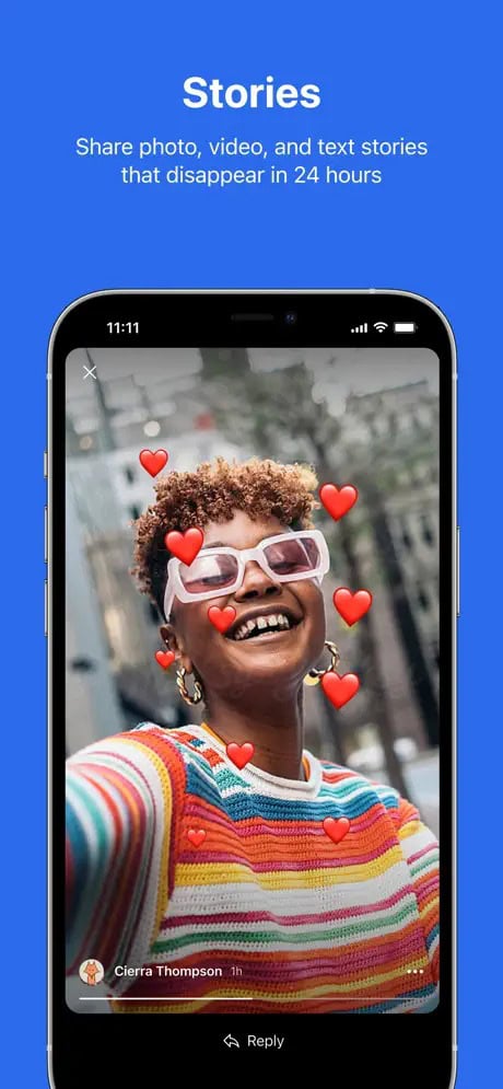 A smartphone screen displaying a story with a smiling person wearing sunglasses, surrounded by red heart icons.