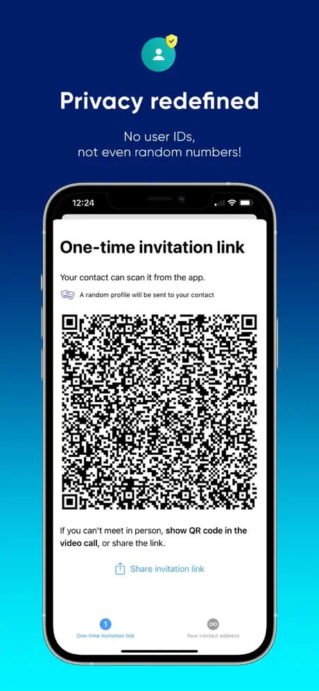 Smartphone screen displaying a one-time invitation link with a QR code under the text "Privacy redefined."