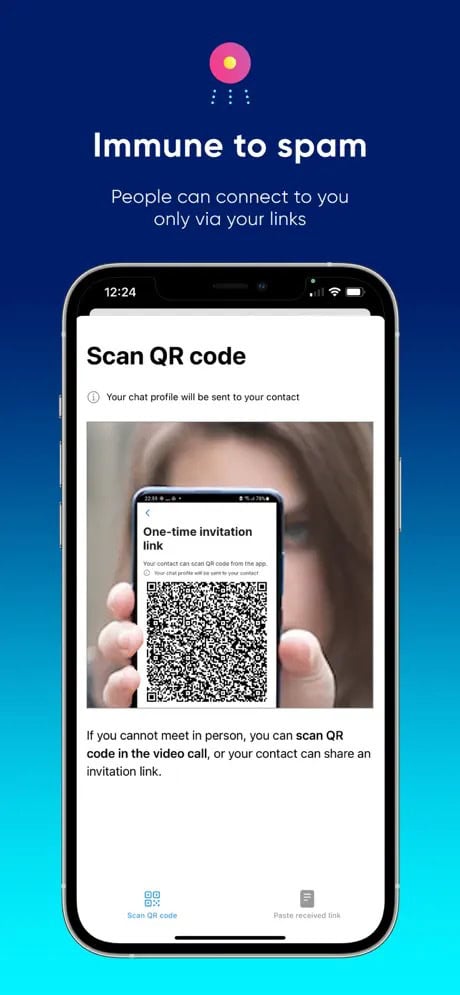 "Immune to spam" feature displayed on a smartphone screen showing a QR code interface for secure connections.