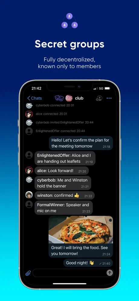 Mobile phone screen displaying a messaging app with a chat named "club" discussing meeting plans.