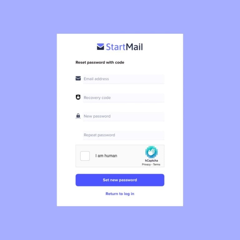 "StartMail password reset form with fields for email address, recovery code, new password, and hCaptcha verification."