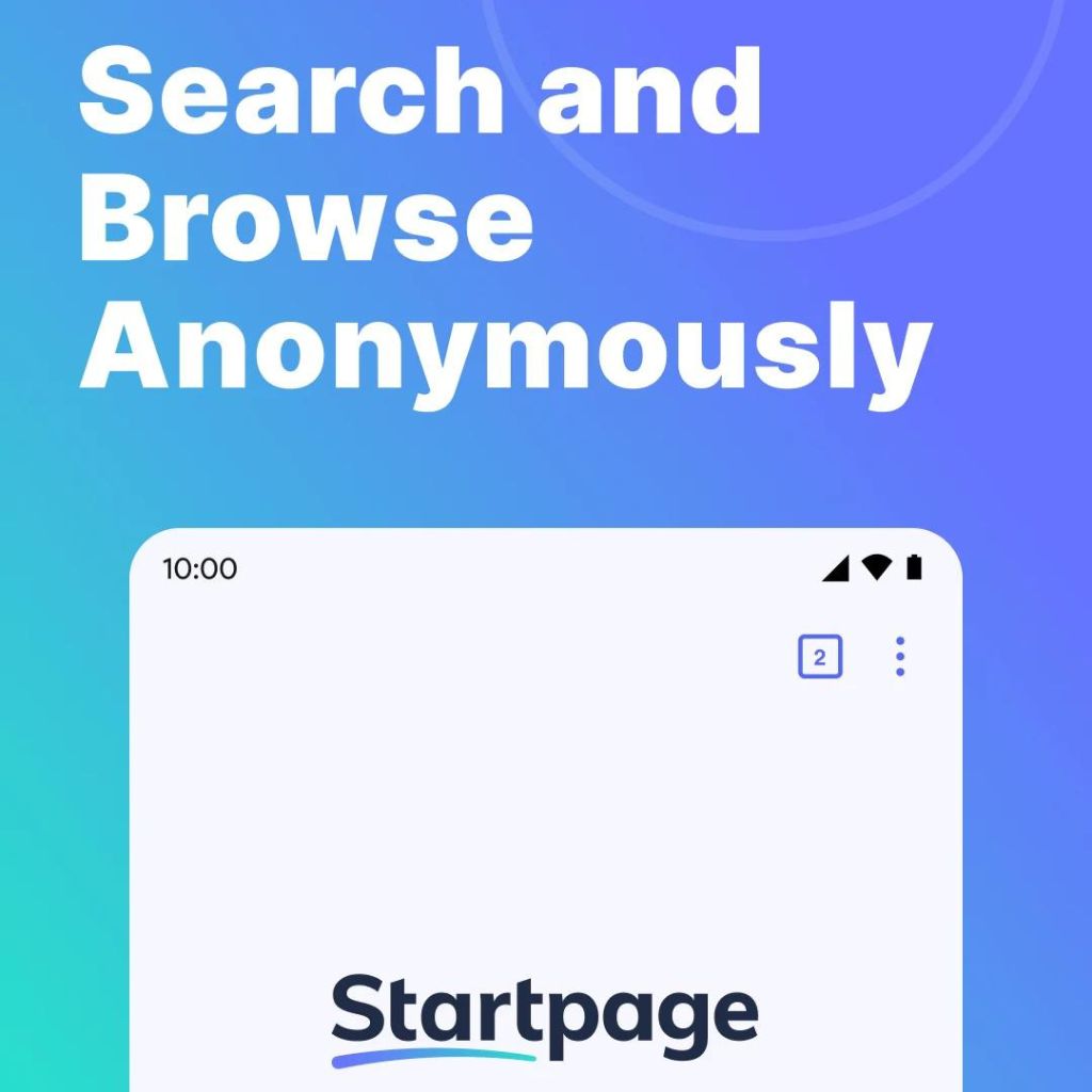 "Search and Browse Anonymously" text with a smartphone interface and Startpage logo on a gradient blue background.