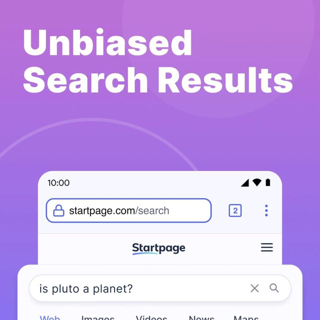 "Unbiased Search Results" text above a search bar from Startpage, asking "is pluto a planet?"