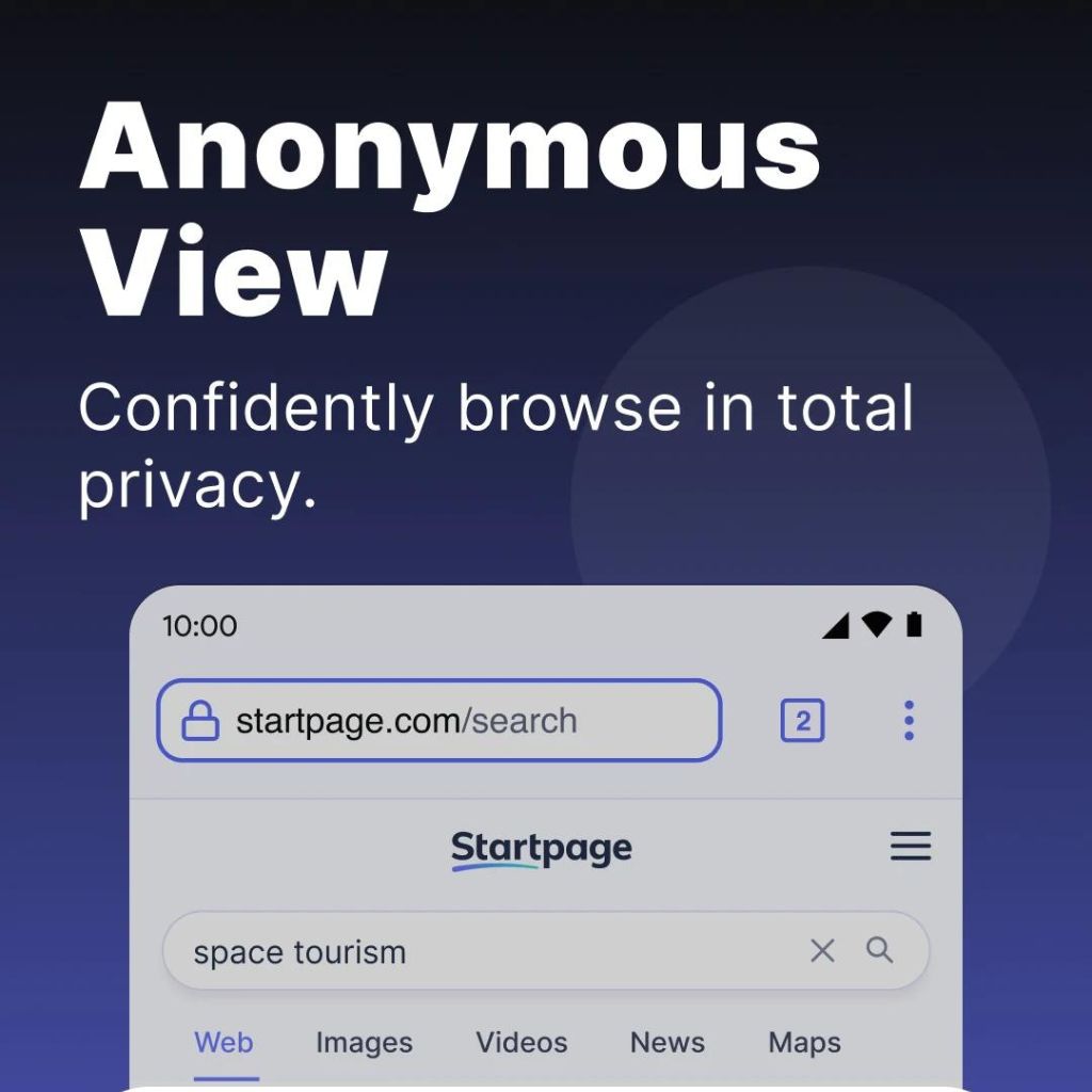 "Anonymous View" text with a phone screen displaying a search on Startpage.com for "space tourism."