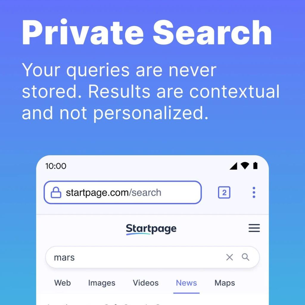 Private search advertisement with a smartphone screen showing Startpage search engine and the search term "mars."