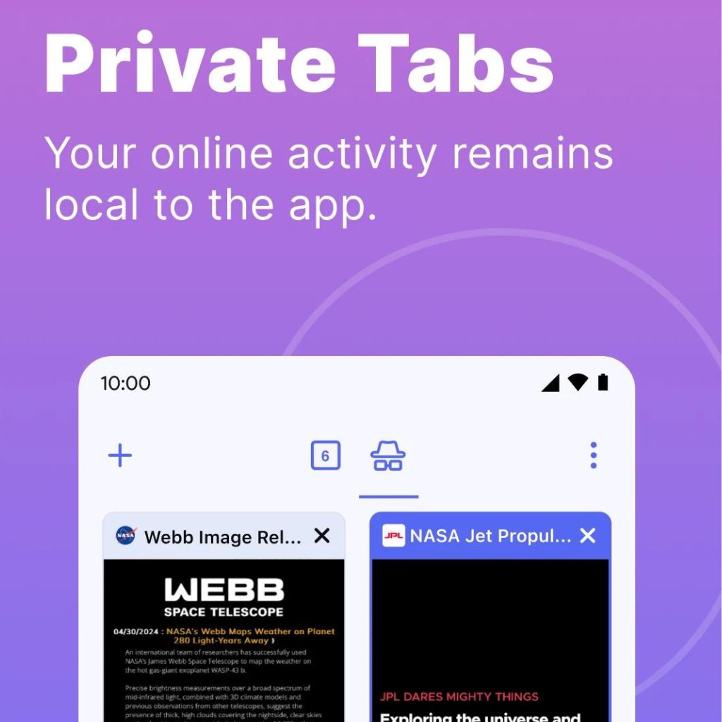 "Private Tabs" advertisement showing a smartphone screen with tabs open for the Webb Space Telescope and NASA Jet Propulsion Laboratory on a purple background.