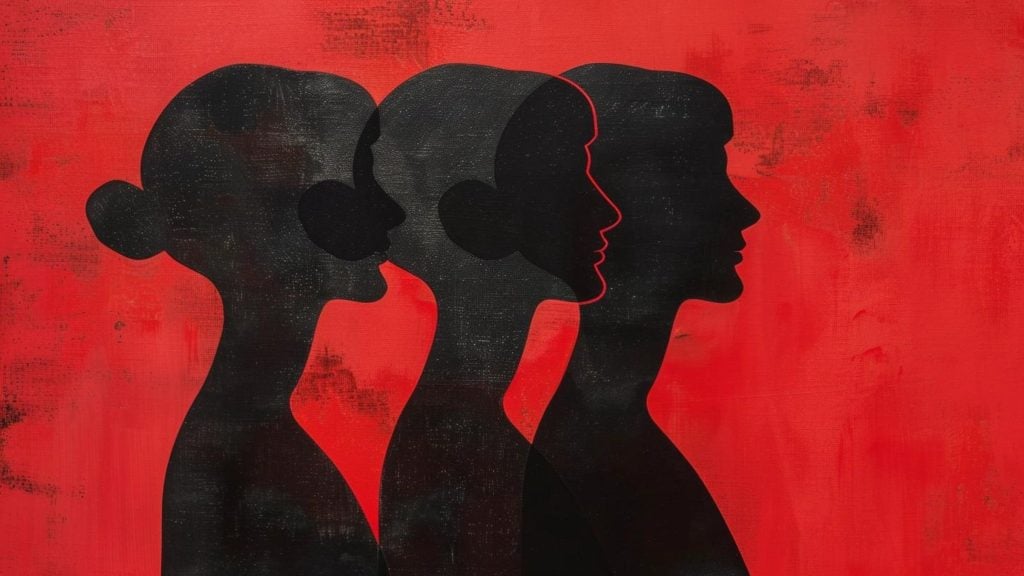 Silhouettes of three female profiles in black against a bright red background.