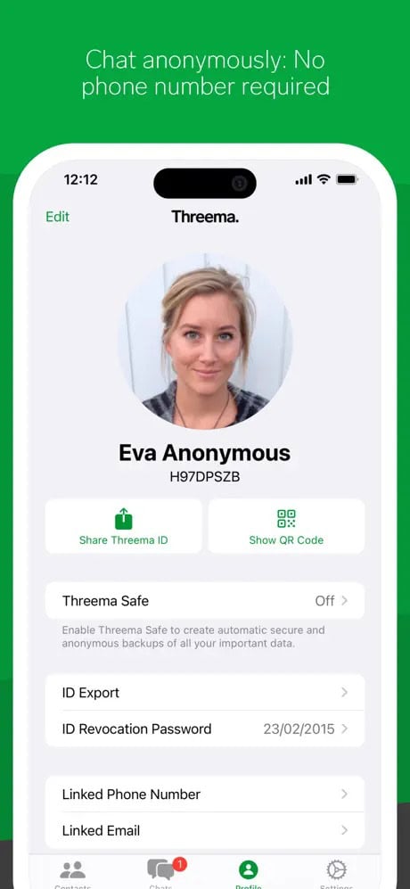 Chat app interface showing a profile named Eva Anonymous with options for sharing ID, exporting ID, and setting a revocation password.