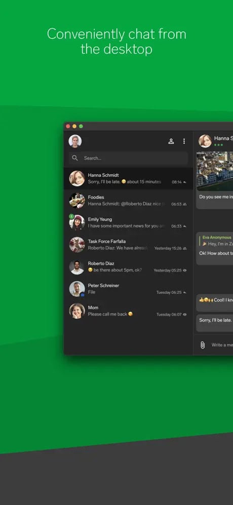 Chat application interface on a desktop, featuring a list of contacts and messages, with a green and black theme.