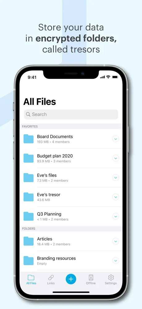 A smartphone screen displaying a file management app with folders titled "Board Documents," "Budget plan 2020," "Eve's files," "Eve's tresor," "Q3 Planning," "Articles," and "Branding resources."