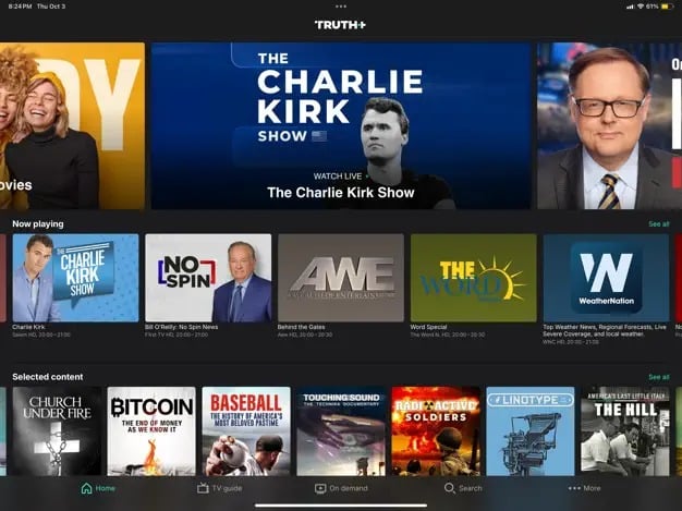 Screenshot of a streaming service interface displaying various shows and selected content, including "The Charlie Kirk Show" and others like "No Spin News" and "WeatherNation."