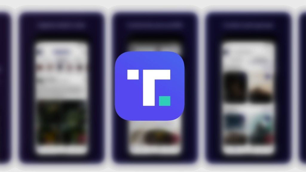 A blue Truth Social app icon with a stylized letter "T" in white and a small green square on a blurred background of mobile app screens.