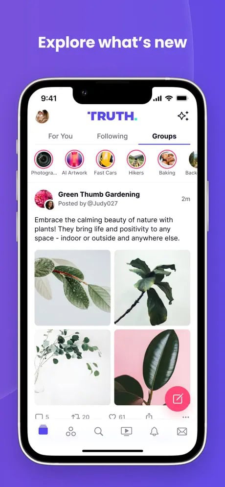 Mobile app interface showing a social media feed focused on gardening, with images of plants and tabs for different groups like Photography, AI Artwork, and Baking.