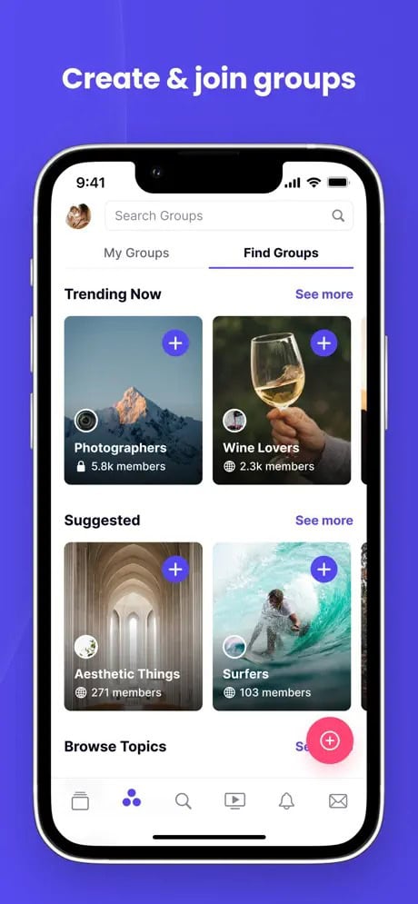 Mobile app screen showing a "Create & join groups" feature with options for trending and suggested groups, including "Photographers," "Wine Lovers," "Aesthetic Things," and "Surfers."