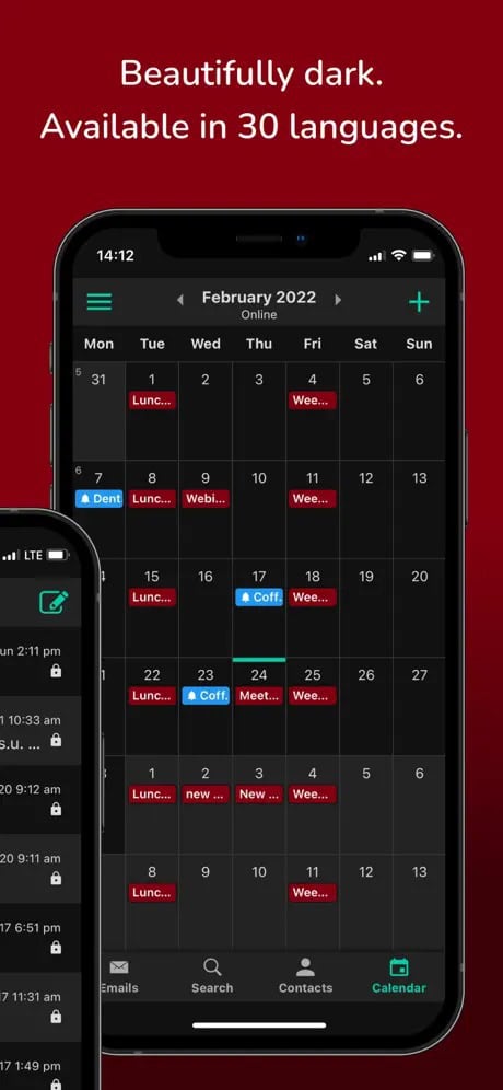 Dark-themed calendar app interface on a smartphone, displaying February 2022 with events marked in red and blue. Text above reads, "Beautifully dark. Available in 30 languages."