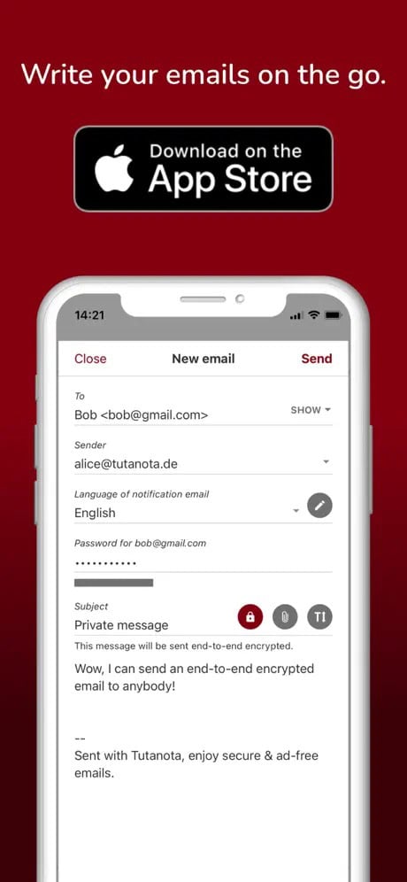 Mobile email app interface with a new email composed, displaying sender and recipient fields, a subject line, and a text indicating end-to-end encryption. A "Download on the App Store" button is shown above.