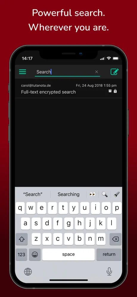 Smartphone screen showing an email search with the text "Powerful search. Wherever you are." at the top.