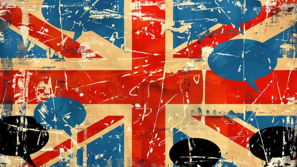 Roughly painted Union Jack flag with blue and black speech bubbles scattered across it.