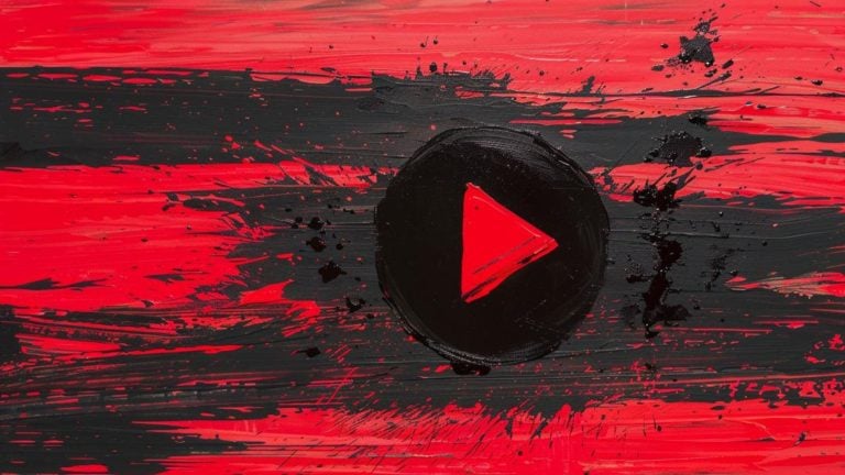 Red and black abstract painting with a triangular play button symbol in the center.