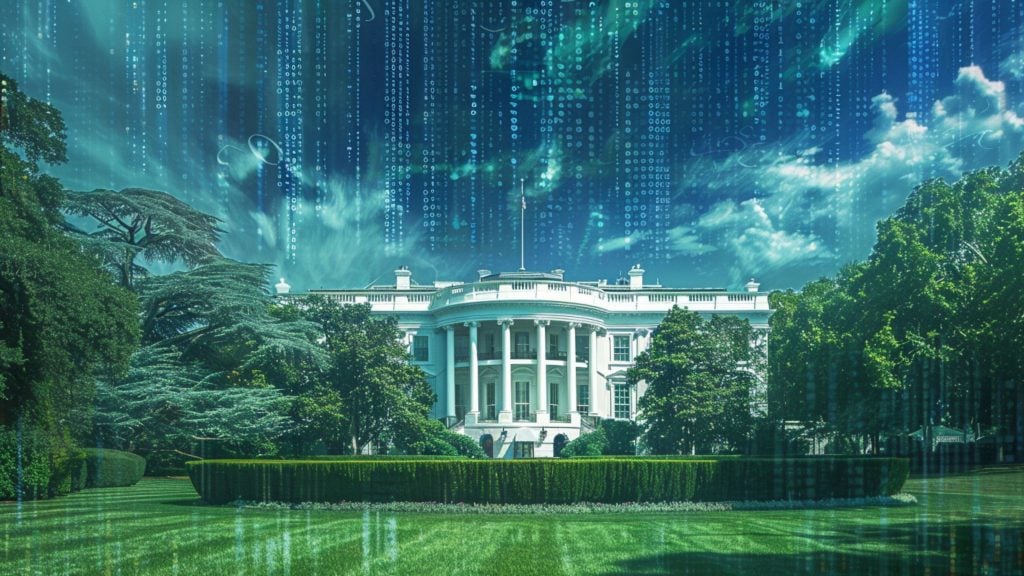 The White House with a digital code overlay in a surreal style.