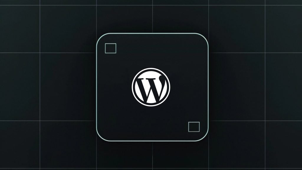 WordPress logo on a dark background with grid lines.