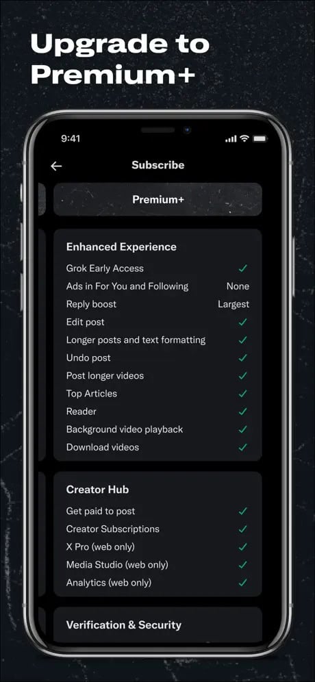 Upgrade to Premium+ feature list displayed on a smartphone screen.