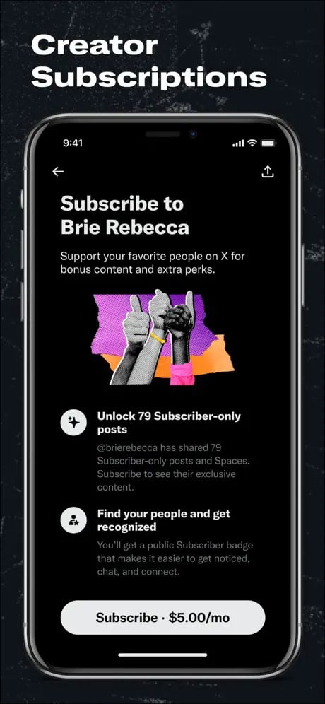 "Subscribe to Brie Rebecca" screen on a smartphone displaying creator subscriptions for bonus content, with a subscription price of $5.00 per month.