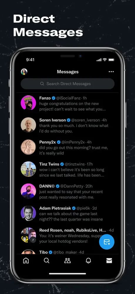 Smartphone screen displaying a Direct Messages interface with a list of recent conversations.