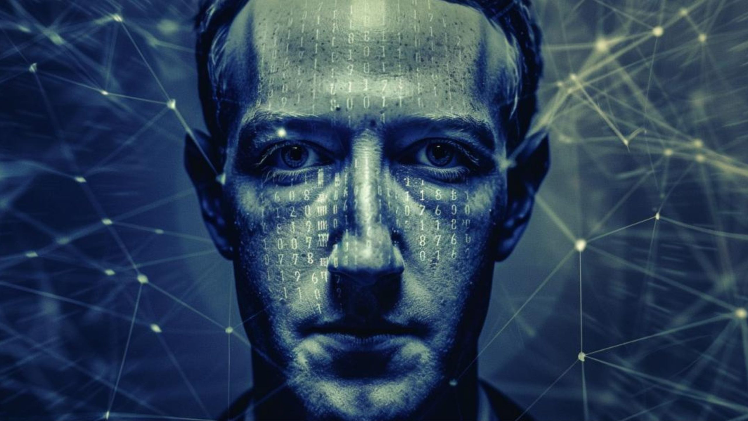 Close-up of a Zuckerberg's face with digital code overlay and network connections in the background.