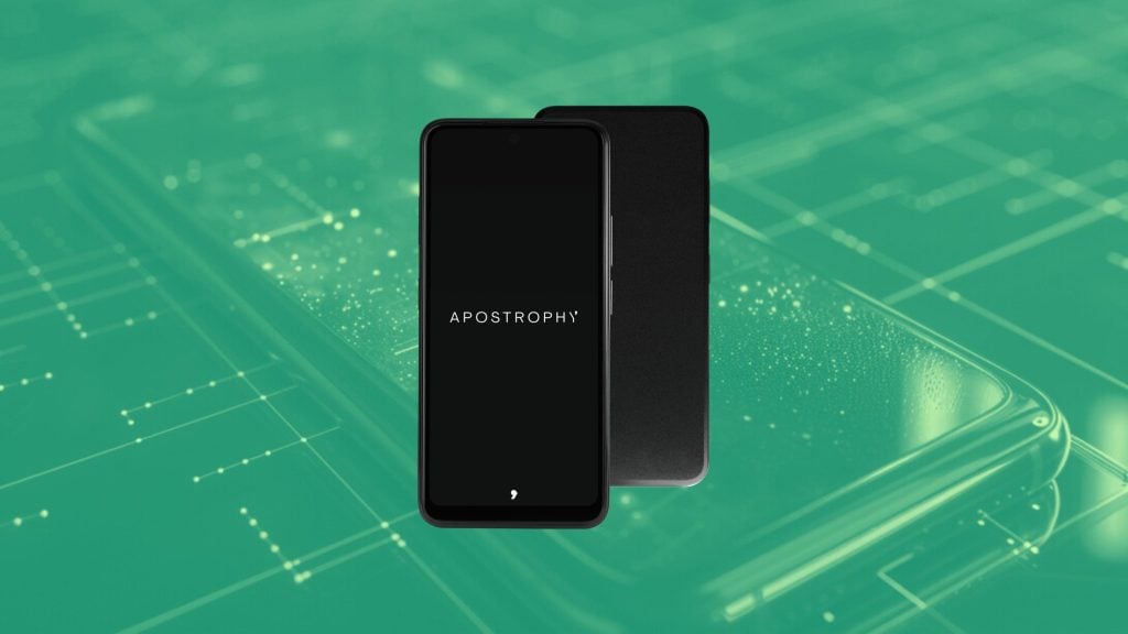 Two smartphones with the brand name "Apostrophy" displayed, set against a digital, circuit-like green background.