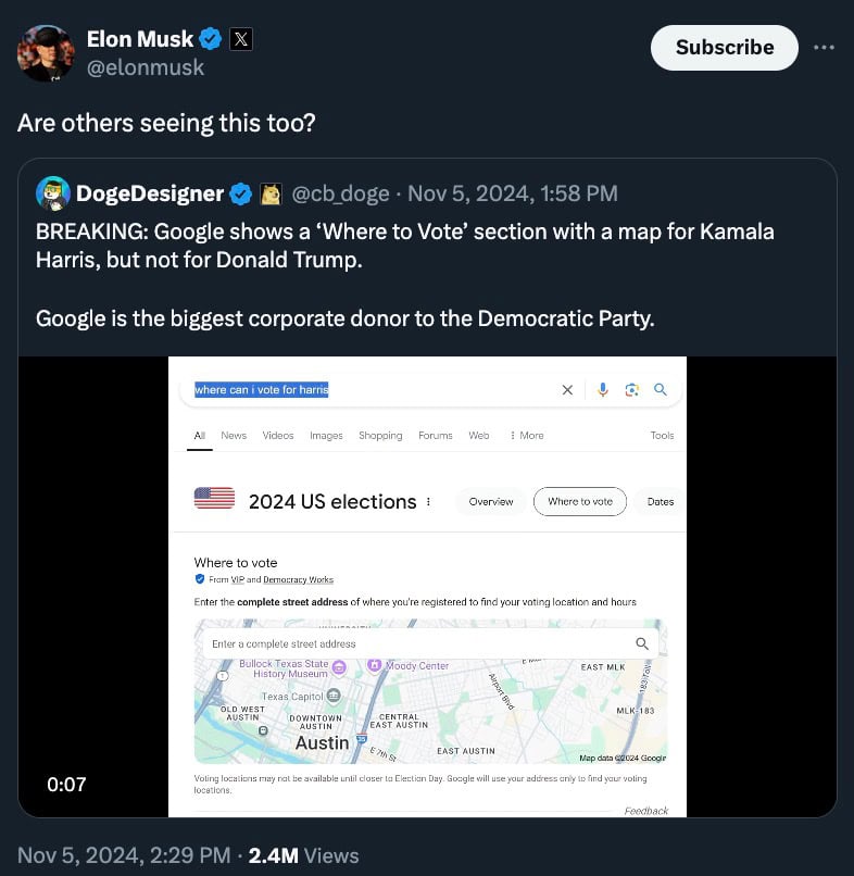 A tweet by Elon Musk questioning a screenshot showing Google’s "Where to Vote" feature with a search related to Kamala Harris.