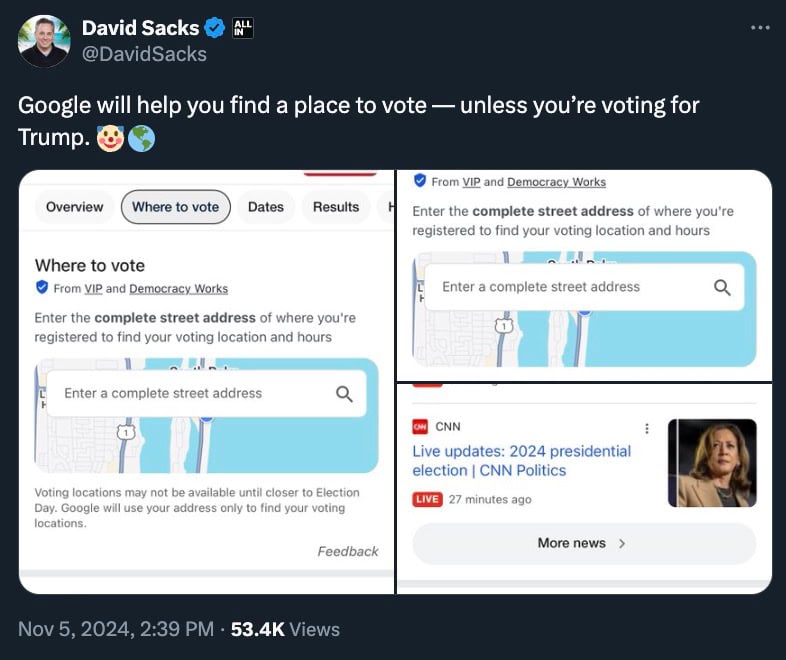 Tweet by David Sacks jokingly claims Google helps find voting locations unless voting for Trump, with screenshots of Google search results for voting info and CNN election updates.