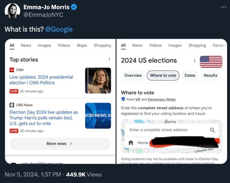 A Twitter post by Emma-Jo Morris with screenshots showing Google search results for the 2024 US elections, highlighting live updates from CNN and CBS News, and a "Where to vote" section with a search bar for entering an address.