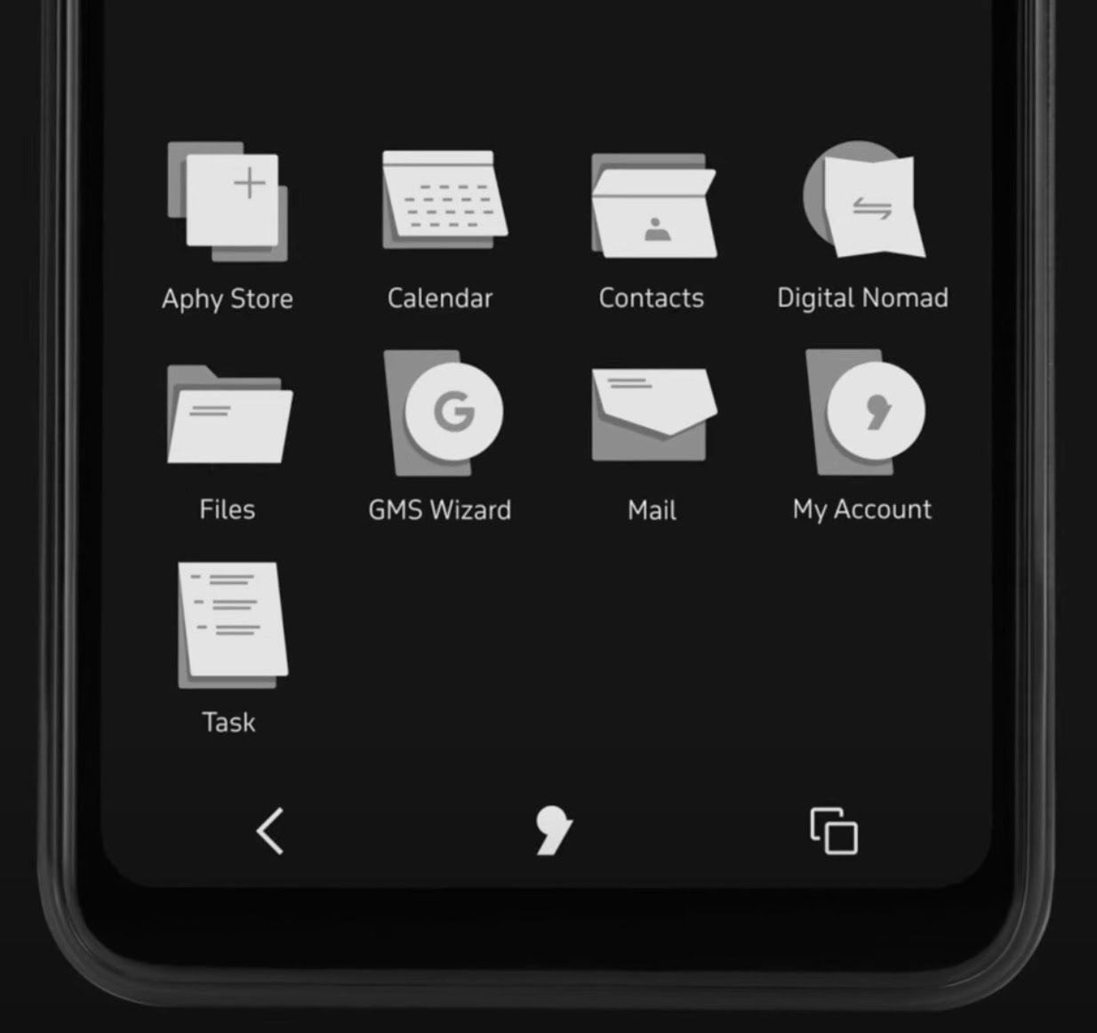 A smartphone screen displaying a grid of app icons, including Aphy Store, Calendar, Contacts, Digital Nomad, Files, GMS Wizard, Mail, My Account, and Task, on a dark background.