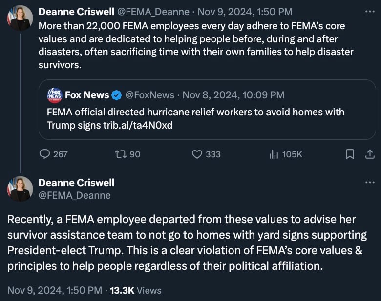 Tweets by Deanne Criswell addressing a FEMA employee's violation of agency values by advising against aiding homes with Trump signs, in response to a Fox News article.