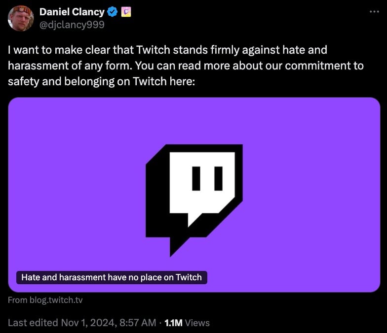 Tweet by an account named Daniel Clancy emphasizing Twitch's stance against hate and harassment, with an image of the Twitch logo on a purple background and a caption stating, "Hate and harassment have no place on Twitch."