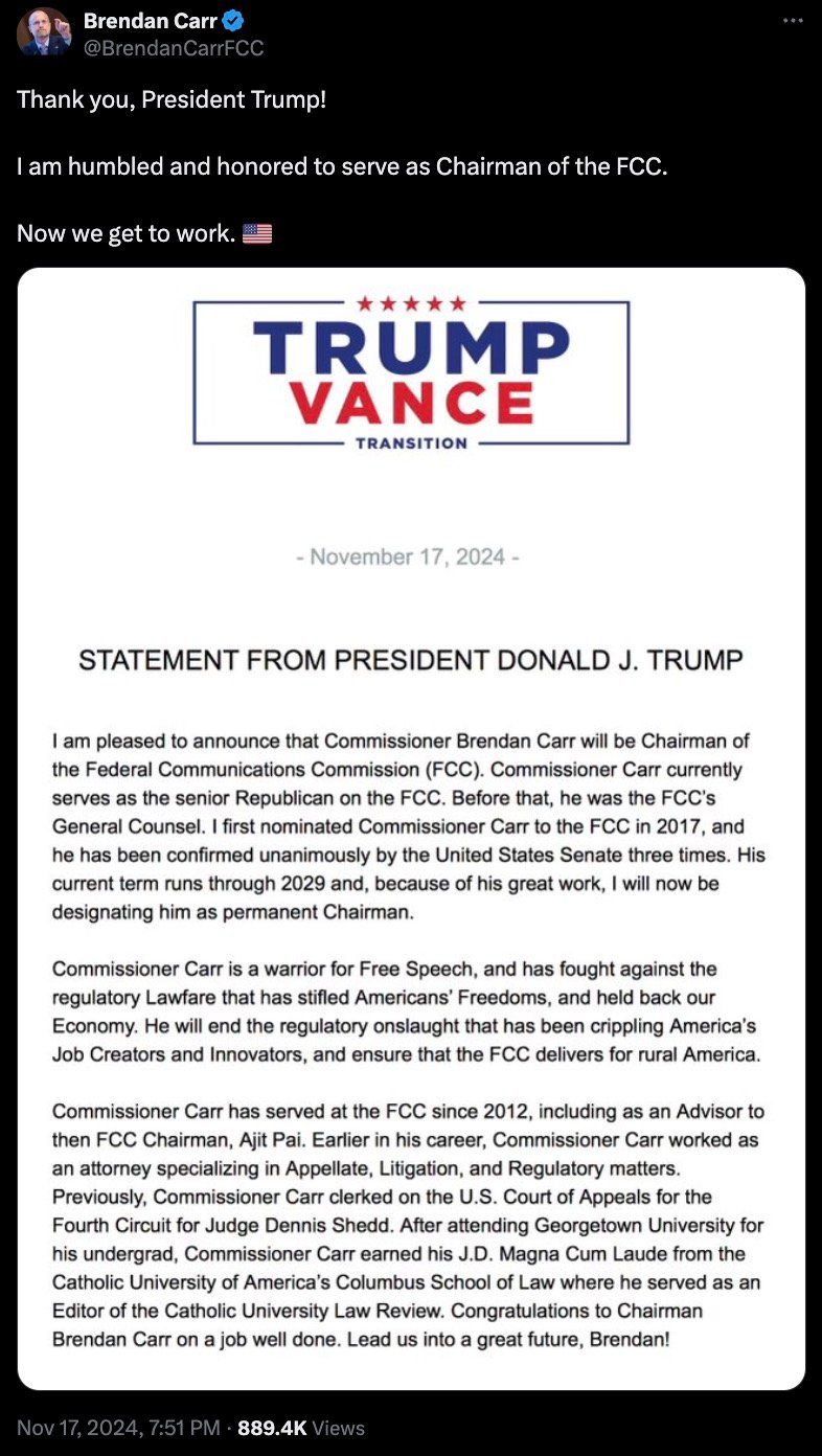 Tweet from Brendan Carr thanking President Trump for appointing him as Chairman of the FCC, with a statement from Trump on Carr's appointment and career highlights.