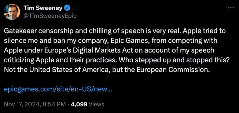 Tweet by Tim Sweeney discussing censorship, Epic Games, and the European Commission's intervention against Apple.